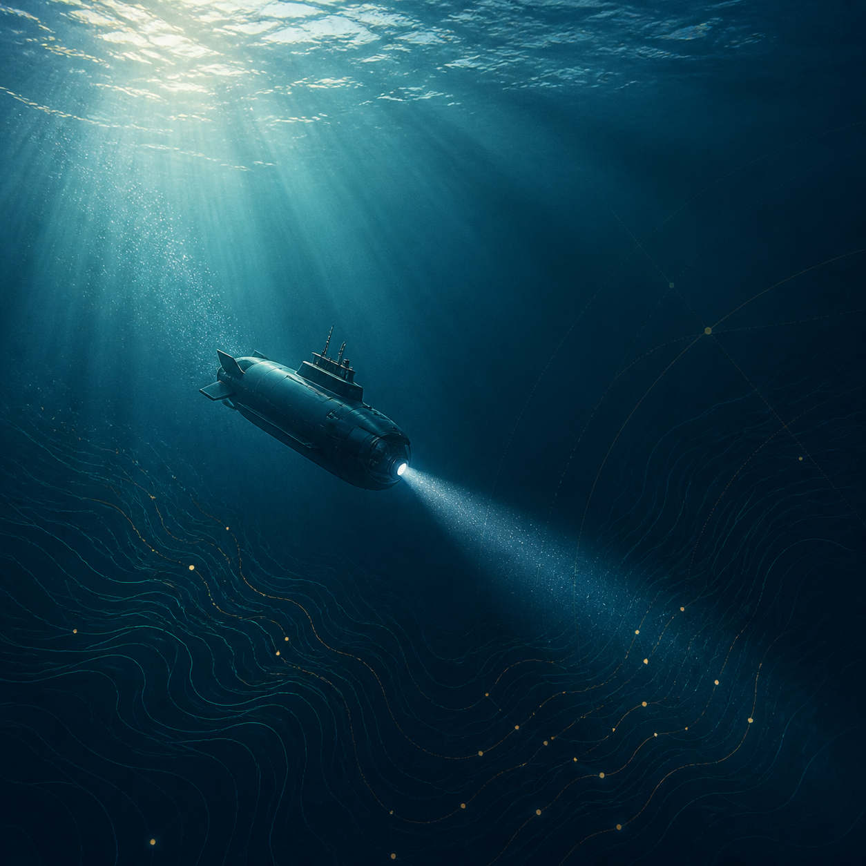 Submarino iniciando uma jornada de descoberta abaixo da superfície